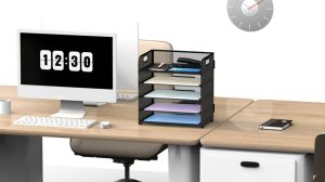 5-Tier Office Desk Organizer Rack with Handle Metal Desktop Document Shelf Paper Letter Tray Organizer School Supplies Desk File Organizer Storage