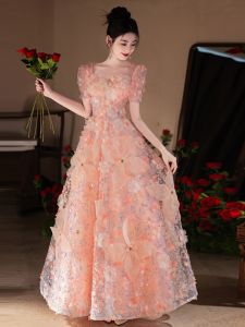 Pink Fairy Princess Style Wedding Dress Birthday Party Hostess Evening Gown Floral Print Midi Skirt Short Sleeve U Neckline