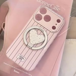 Korean Pink Striped Fold Love Heart Dots Magnetic Bracket Phone Case for iPhone 17 16 15 14 13 12 Pro Max Shockproof Soft Cover