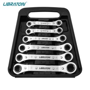 Libraton Offset Wrench Set Metric 6PCs Ratcheting Box Wrenches 6-19mm with Storage Organizer Box Christmas Gift for Man