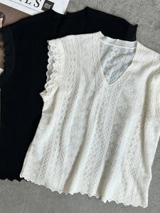 Shalldoer | Korean High-End Lace Splicing Knitted Top Womens Fashionable Summer New Style Age-Defying Slim Fit Breathable Stretchy Blouse