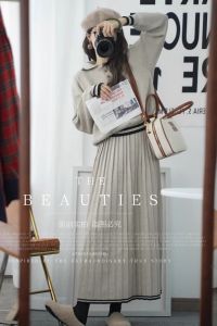 Loose Knitted Polo Neck Sweater And Pleated Long Skirt Autumn Winter Set for Women Cotton College Style Fashion Ensemble