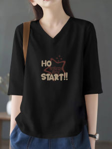 New 2025 Womens Cotton Short Sleeve T-Shirt Loose Fit Summer Wear V-Neck Seven-Quarter Sleeve Print Casual Comfortable Top