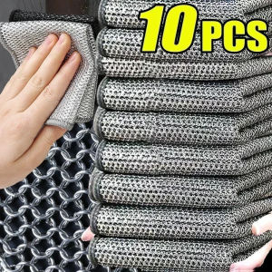 5/10Pcs Non-scrach Steel Wire Dishcloth Double-layer Non-stick Oil Dishrag Kitchen Pan Pot Dishwashing Cloth Faucet Stain Cleaning Tools