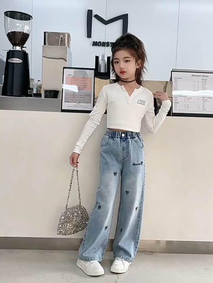 F-16 Girls Loose Bow Embroidered Wide Leg Jeans Korean Style Kids Fashion Sports Pants
