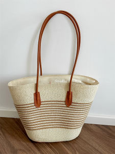 กระเป๋าถือทรงกลมขนาดใหญ่ ผ้าใบไผ่ กระเป๋าสตางค์สะพายไหล่ลายทางสำหรับฤดูร้อน กระเป๋าเดินทางชายหาดสำหรับผู้หญิง กระเป๋าสะพายไหล่แบบทันสมัย