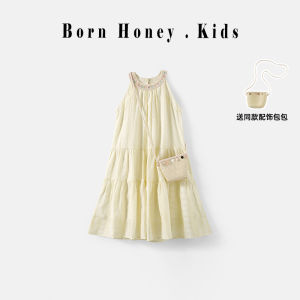 Girls Beach Dress Summer New Style Childrens Clothing Princess Skirt Casual Sleeveless round Neck Mid-Length Beach Vacation Dress