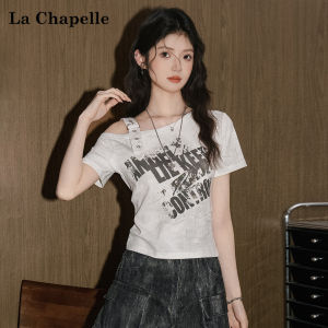 La Chapelle | Off-Shoulder Letter Print Fitted Short T-Shirt