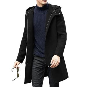 Autumn Winter Mens Woolen Coat Casual Fashion Hooded Zipper Coats Mid-length Mens Lining Clothing