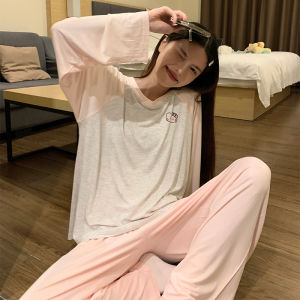 Sweet Cartoon Print Sleepwear Womens Modal Cotton Long Sleeve Long Pants Home Clothes Pink Cat Pattern Spring Autumn Style