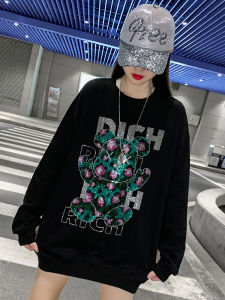 plus Size Womens Loose Fit Cotton Sweatshirt Glitter Design Mid-Length Korean Style round Neck Long Sleeve Comfortable Top