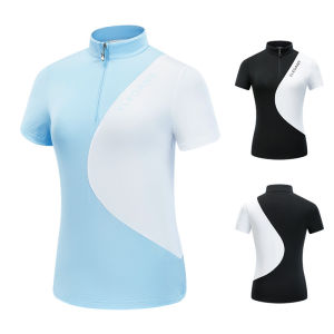 เสื้อกีฬากอล์ฟแห้งเร็วระบายอากาศได้ดีเสื้อยืดแขนสั้นสำหรับผู้หญิงเสื้อเข้ารูปผ้ายืดปกตั้งมีซิปกันแดดสำหรับฤดูร้อนปี2022