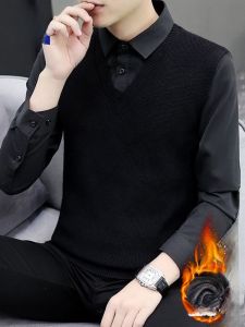 ROMON | Lormen Mens Faux Two-Piece Sweater Casual Shirt Collar Warm Knitted Winter Fashion Thickened Fleece Comfortable Business Casual