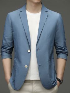 Mens Summer Thin Ice Silk Single West Coat Ultra-Thin Casual Business Sunscreen Suit Lightweight Long Sleeve Fashionable Business Casual Style