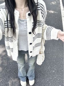 Elegant Striped Knit Sweater Jacket Womens Autumn Winter Loose Fit Lazy Style Open Cardigan plus Size New Arrival 2025
