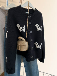 Áo Len Cardigan Dày Màu Đen Cho Nữ Mùa Thu Áo Khoác Ngoài Rộng Rãi Cổ Tròn Dài Tay Chất Liệu Khác Mặc Đi Làm