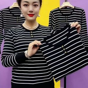 Fashionable Striped Long Sleeve T-Shirt Womens Base Layer Top Mommy Style Spring Summer Cotton Commute round Neck Slim Fit