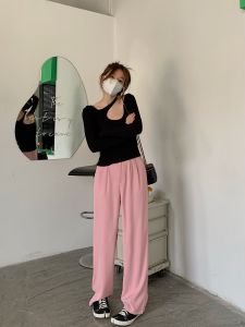 Pink Womens Summer Thin Hanging Sensation Casual High Waist Straight Leg Pants Slimming Wide Leg Floor-Length Suit Trousers