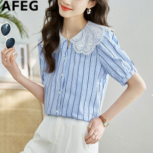 AFEG new Korean version of doll collar fashion loose and versatile temperament striped short-sleeved blouse