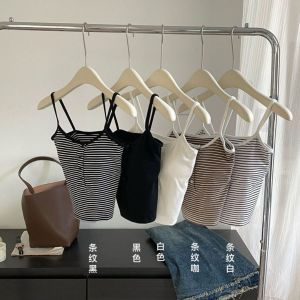 Divva Tinh Khiết Mong Muốn sọc trắng dây đeo Cỡ Nhỏ Vest Của Phụ Nữ nút gợi cảm Xuống quần soóc thon Phong Cách Với miếng đệm ngực Đầu Mùa Hè Thời Trang