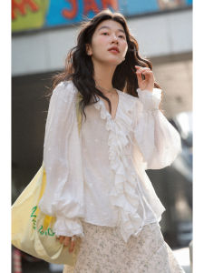 Flounce Sleeve Bell Cuff Long Sleeve Shirt Blouse