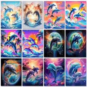 GATYZTORY Modern Painting By Numbers For Adults Jumping Dolphins Number Painting Room Decors For Adults Acrylic Paints