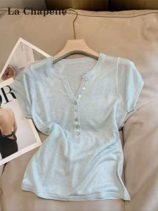 La Chapelle | Light Blue Single Button Short Sleeve Female T-Shirt