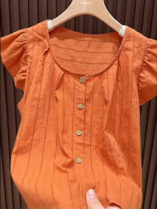 เสื้อเชิ้ตแขนสั้นสไตล์ฝรั่งเศสย้อนยุคสำหรับผู้หญิงในช่วงฤดูร้อนปี 2025 ทรงหลวม แขนกระดิ่ง ทรงเข้ารูป สไตล์ลำลอง เสื้อเชิ้ตผู้หญิง