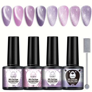 Groillim Cat Eye Gel Nail Polish Set with Magnet 4 Colors Cat Eye Magnetic Stickers for Easy Removal - Transparent Jelly-Style