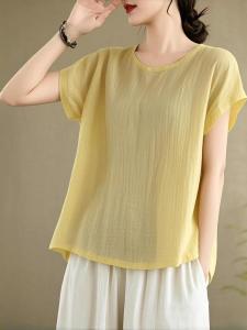 เสื้อยืดแขนสั้นผ้าลินินคอตตอนสีพื้นสไตล์วินเทจสำหรับฤดูร้อน ทรงหลวมสบาย ๆ สำหรับผู้หญิง ฤดูใบไม้ร่วง 2025 ชุดทำงานลำลอง