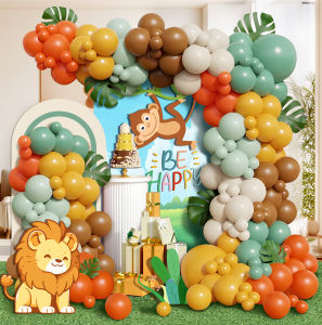 126pcs Jungle Animal Theme Yellow and Green Balloon Arch Set Brown and White Balloons with Artificial Leaves for Forest Themed
