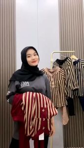 Setelan Rayon Twill 116554 - Set Salur wanita - Lengan Panjang Karet - Celana Polos