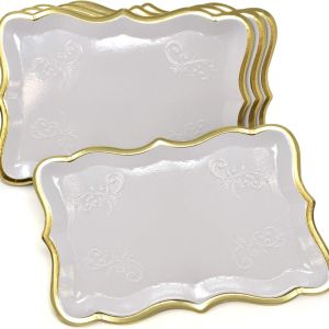 10p Solid Color Gold Edged Rectangular Tray Suitable Wedding Birthday Dessert Decoration Tableware Party Disposable Dining Plate