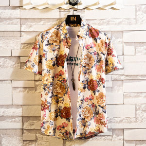 Youth Summer Floral Cotton Casual Shirt Short Sleeve Thin Pure Cotton Mens Holiday Beach Shirt Slim Fit Iron Free Fashionable
