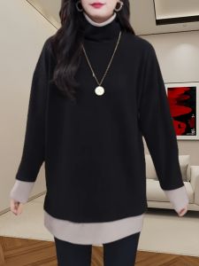 Casual Turtleneck Bottoming Shirt Fall and Winter New Patchwork Contrast Color Double-Sided Dralon T-shirt Loose Slimming False Two-Piece Tops