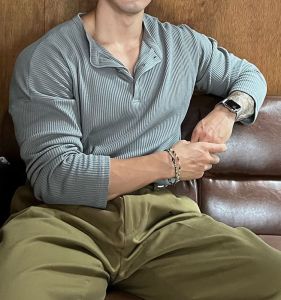 American High Street Casual Henry Collar Long Sleeve T-Shirt Loose Fit Heavyweight Large Size Trendy Brand Mens Clothing