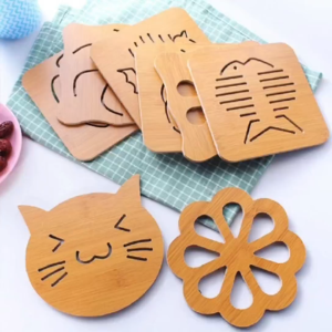 Bamboo Coaster Cute Cat Shape Heat Resistant Drink Cup Mat Wooden Insulation Pad for Home Kitchen