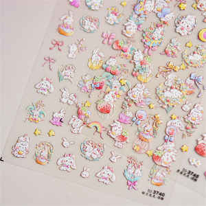 5D Cartoon Strawberry Rabbit Nail Art Stickers Kawaii Japanese Animals Self Adhesive Manicure Decals Decorations Accessory