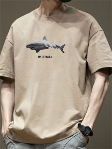 Áo Thun Cotton Tay Ngắn in Hình Cá Mập Trắng Mới 2025 Dành Cho Nam Áo Thun Cotton Nguyên Chất Dáng Rộng Thoáng Khí Mùa Hè