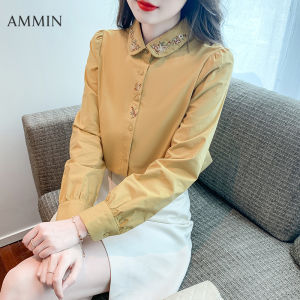AMMIN 2023 Autumn new art floral embroidery lapel fashion single breasted cardigan cotton blouse for women Korean style long sleeve vintage elegant blouse