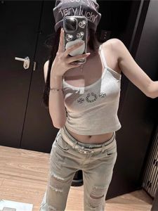 American Design Sensation Grey Strapless Vest Women Summer Inner Wear Slim Fit Sleeveless Base Shirt Commute Pure Color Print