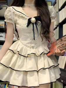 Váy Ngắn Tay Cổ Thuyền Phong Cách Đại Học Ngọt Ngào Mùa Hè Cho Nữ Váy Công Chúa Xếp Ly Cạp Cao Váy Ngắn