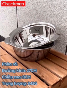 Rổ inox Chockmen duc rổ inox cao cấp rổ inox 304 liền khối 2 tay cầm lỗ nhỏ vo gạo rổ đựng đồ rau củ quả trái cây - 25cm