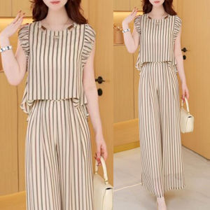 Shalldoer | ชุดสองชิ้นแฟชั่นฤดูร้อน 2025 สำหรับผู้หญิง ดีไซน์ลายทางแขนสั้น กางเกงขายาวทรงหลวม ลำลอง สไตล์คอกลม โพลีเอสเตอร์ 100%