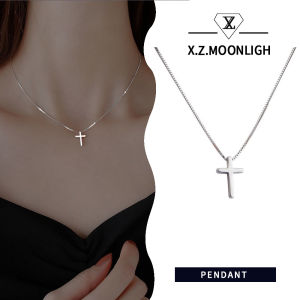【 X.z. แสงจันทร์】จี้โชคเกอร์ธรรมดาสร้อยคอเงินไม้กางเขนเรียบง่ายและมีสไตล์