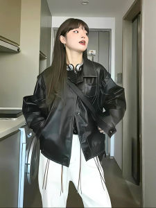 เสื้อแจ็คเก็ตหนังสั้นสีดำ NANNI สำหรับผู้หญิง ฤดูใบไม้ผลิ 2025 แจ็คเก็ตหนังสไตล์เกาหลี ทรงเข้ารูป แขนยาว ปกติ