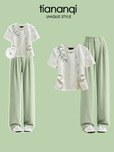 Plus Size Womens New Summer Chinese Style Traditional Womens Short-Sleeved Plate Buttons White T-shirt Ink Painting Loose Pants plus Size Suit