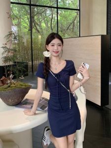 Slim Fit High Waist Blue Dress Women Summer Pure Desire Thin Show French Style Short Sleeve Solid Color Long Skirt