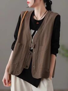 เสื้อกั๊กผ้าฝ้ายลินินลำลองสำหรับผู้หญิง ฤดูใบไม้ผลิและฤดูร้อน สไตล์ญี่ปุ่น ทรงเรโทร ดีไซน์เรียบง่าย แฟชั่น ดีไซน์เก๋ไก๋