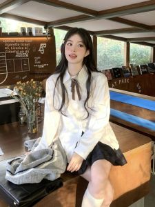 Basic White Long Sleeve Womens Shirt Commute College Style Jk Versatile Fall Season Small Size Student Button up Class Uniform